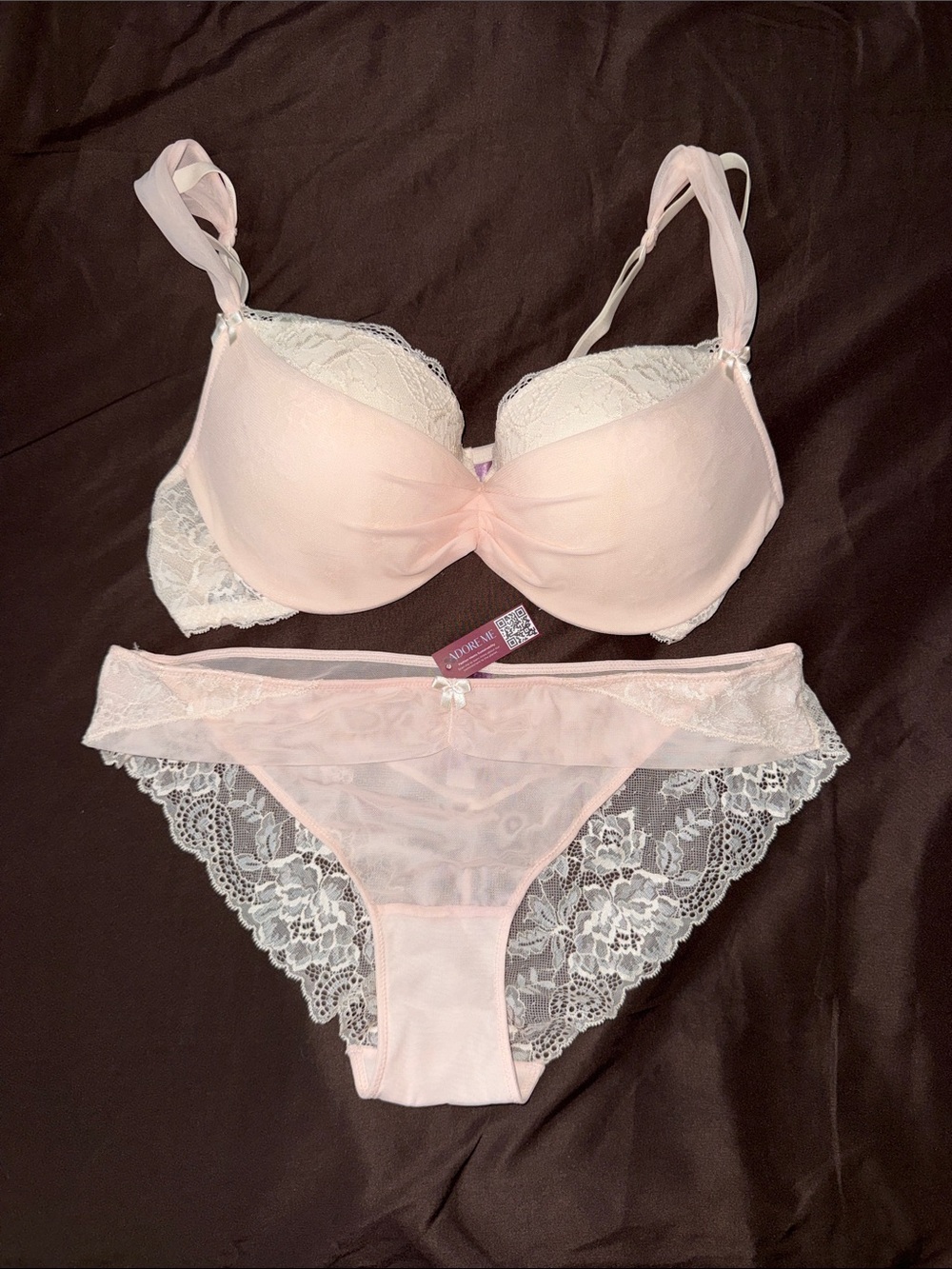 Adore Me Light Pink Lace Trim Bra & Bikini Panty Set